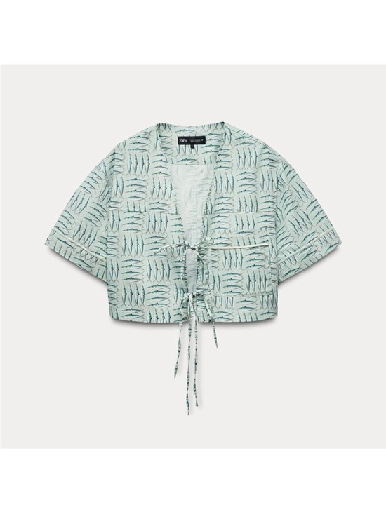 Zara Tops - Zara Mint Green Patterned Tie-Front Crop Top